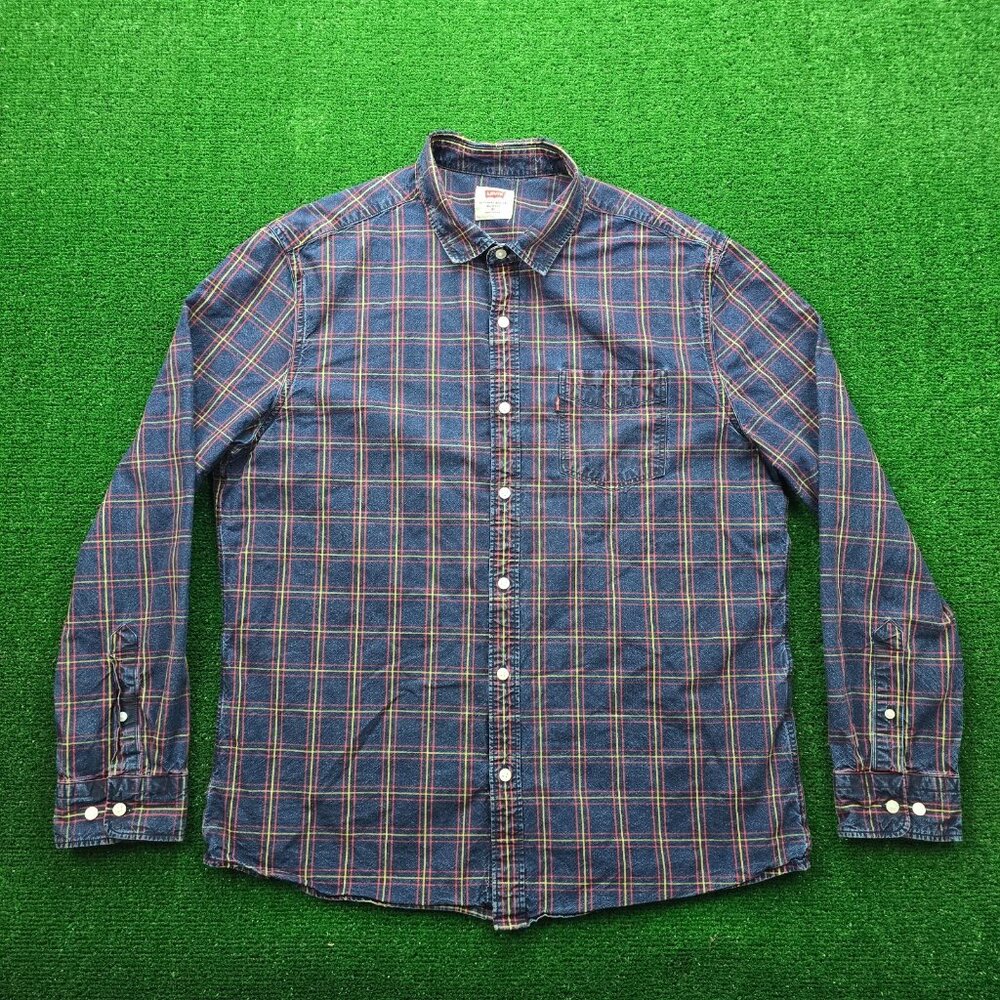 Levis Shirt Mens XL Blue Plaid Long Sleeve Button Up Slim‎ Fit Preppy Western